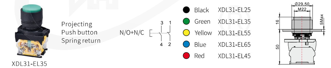 Diagram showing button dimensions and color variations