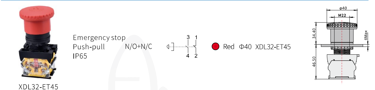 Technical schematic and dimensions of the push-pull switch