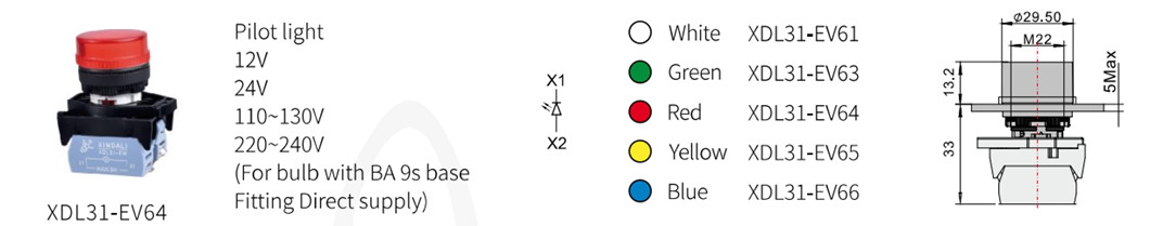 Diagram showing dimension and mounting size of the push button switch