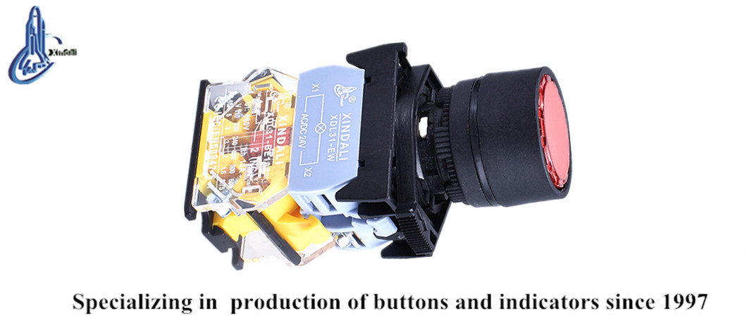 Close up of red LED signal push button switch