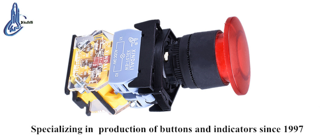Close up of red LED pushbutton switch