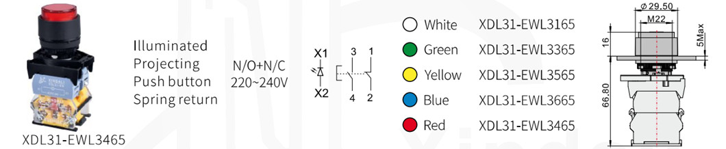 Dimensional drawing of the red convex pushbutton
