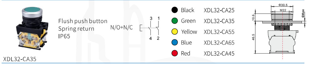 Detailed view of the push button switch dimensions and color options