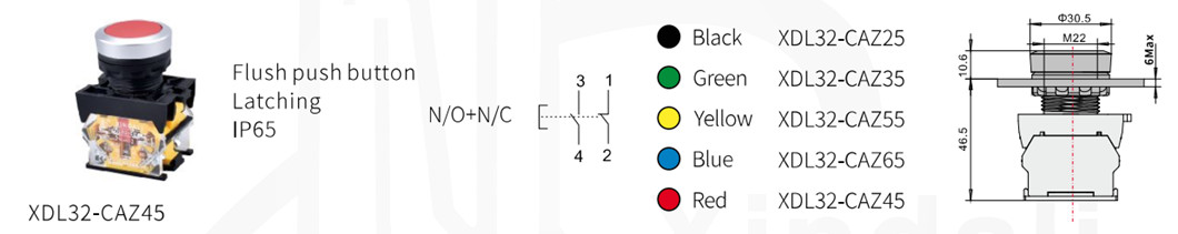Technical diagram showing button dimensions and mounting