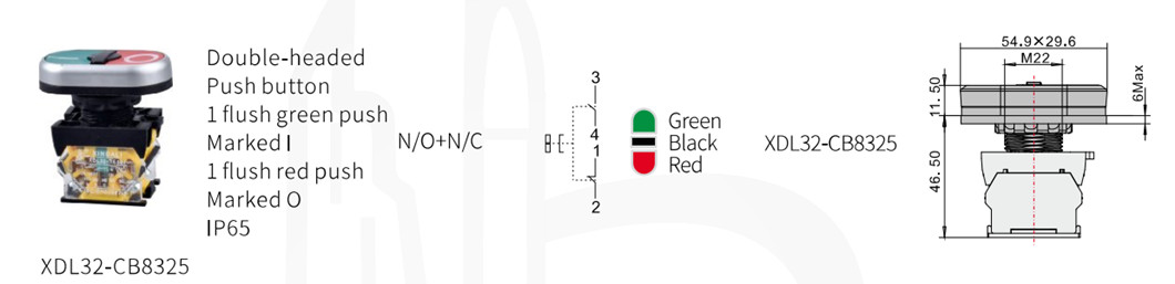 Double head push button technical diagram showing dimensions and wiring layout