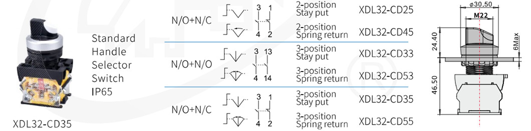 Technical diagram of selector switch dimensions