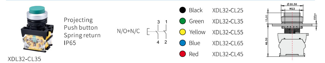 Dimensional technical drawing of the push button switch