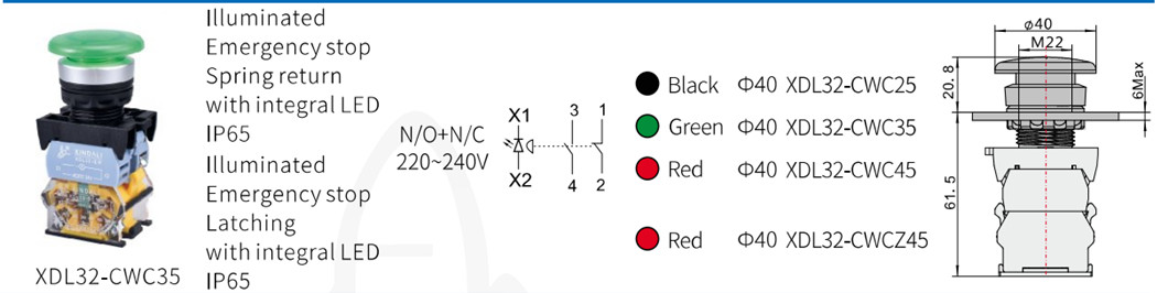 Dimensional technical diagram for the XDL32-CWC35 push button switch