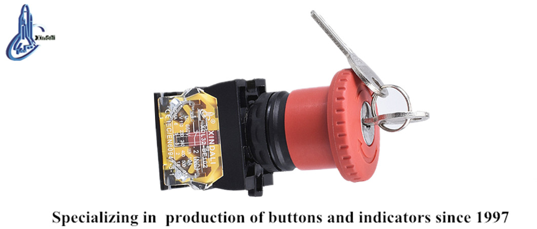 Close up of the industrial emergency stop push button with key lock