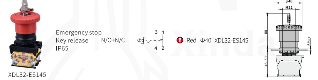 Technical diagram showing key dimensions and configuration of the emergency stop button