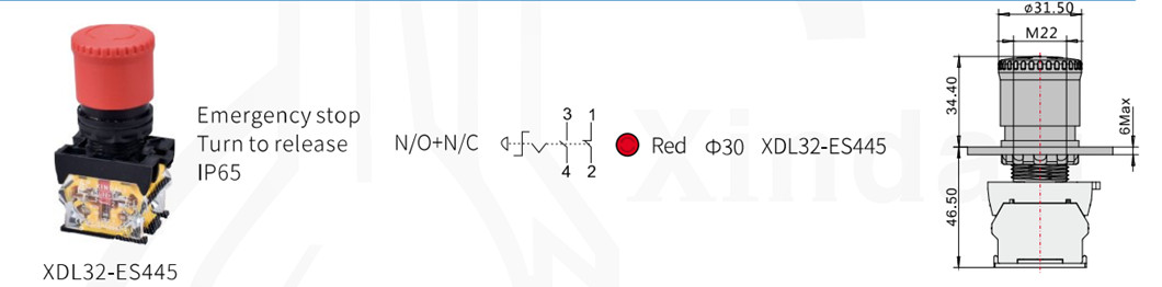 Dimension diagram of the emergency stop switch