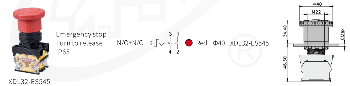 Dimensional diagram of the emergency stop switch