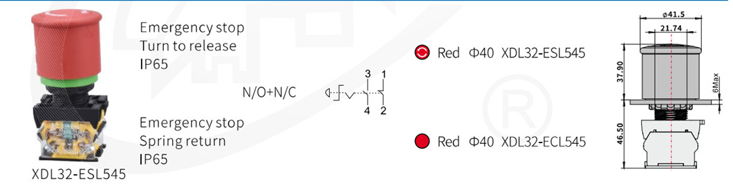Emergency stop push button dimension and configuration diagram