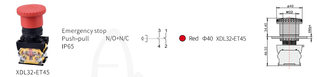 Dimension diagram and technical overview of the mushroom head pushbutton