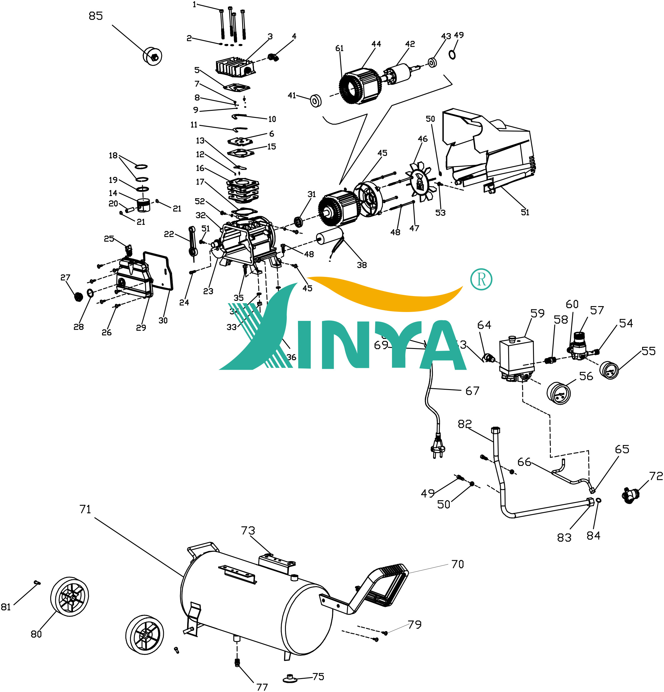 Exploded view diagram of air compressor components
