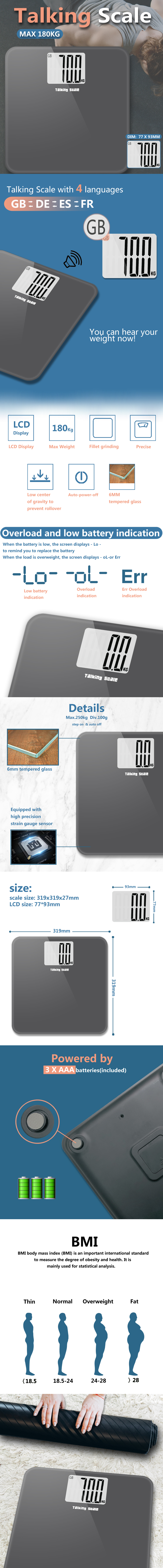 Digital body scale displaying LCD size and battery compartment