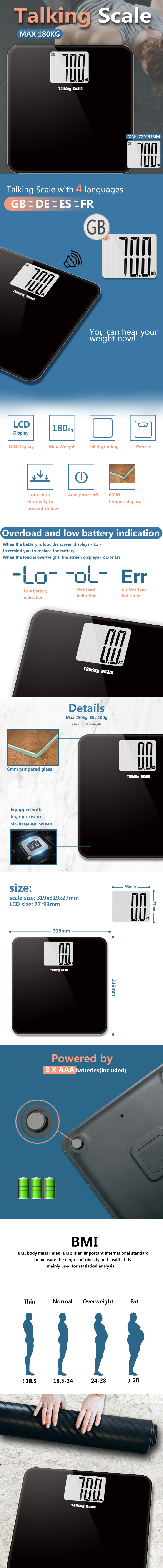 Talking digital body scale with technical specification infographic