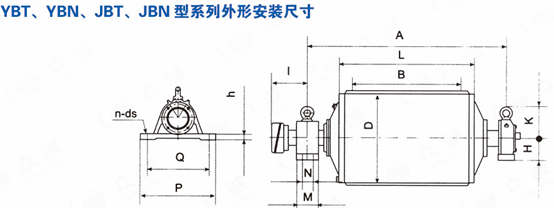 Dimensional diagram for YBT, YBN, JBT, JBN series pulleys
