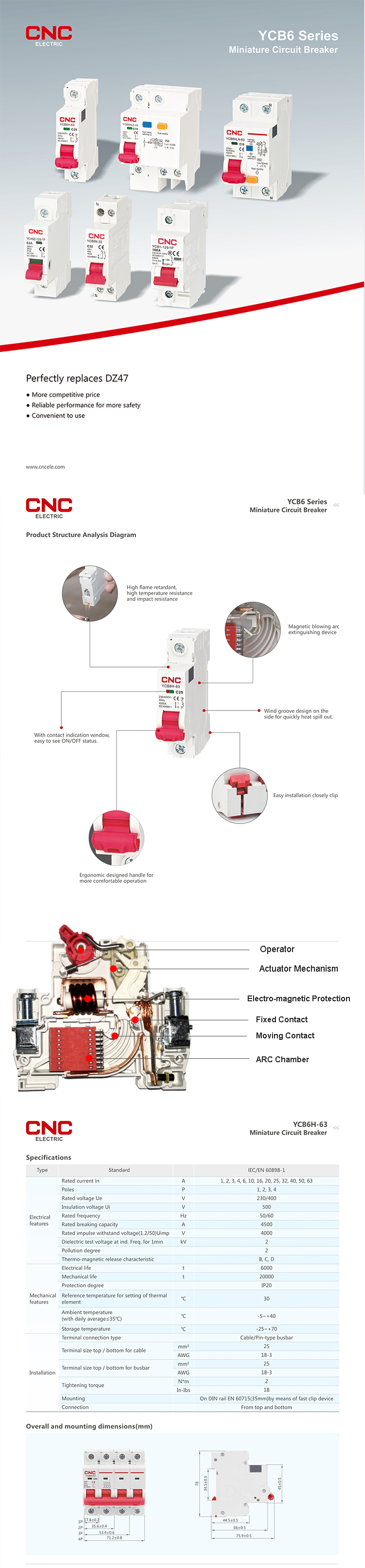 Technical diagram showing the internal components and specifications of the miniature circuit breaker.