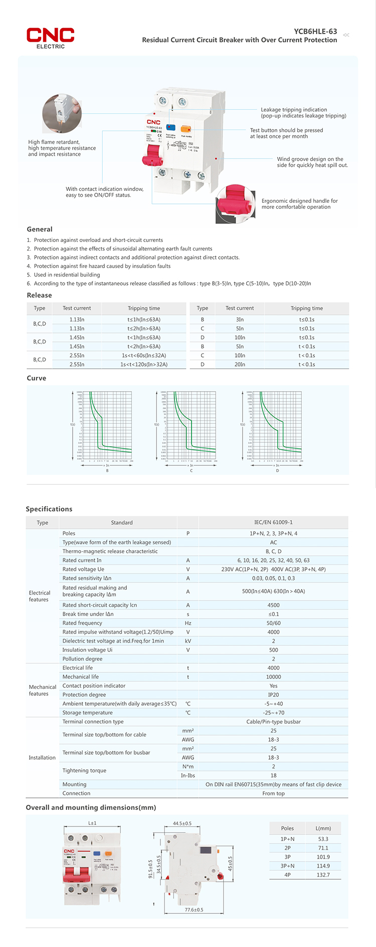 YCB6HLE-63 technical datasheet showing mounting dimensions and features