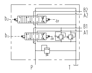 Hydraulic valve schematic diagram showing P, T, and actuator ports.