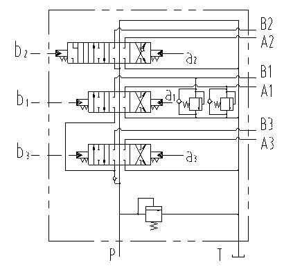 Internal component diagram of the multi-way directional valve.