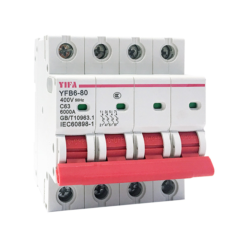 Four-pole miniature circuit breaker showing clear terminal labeling