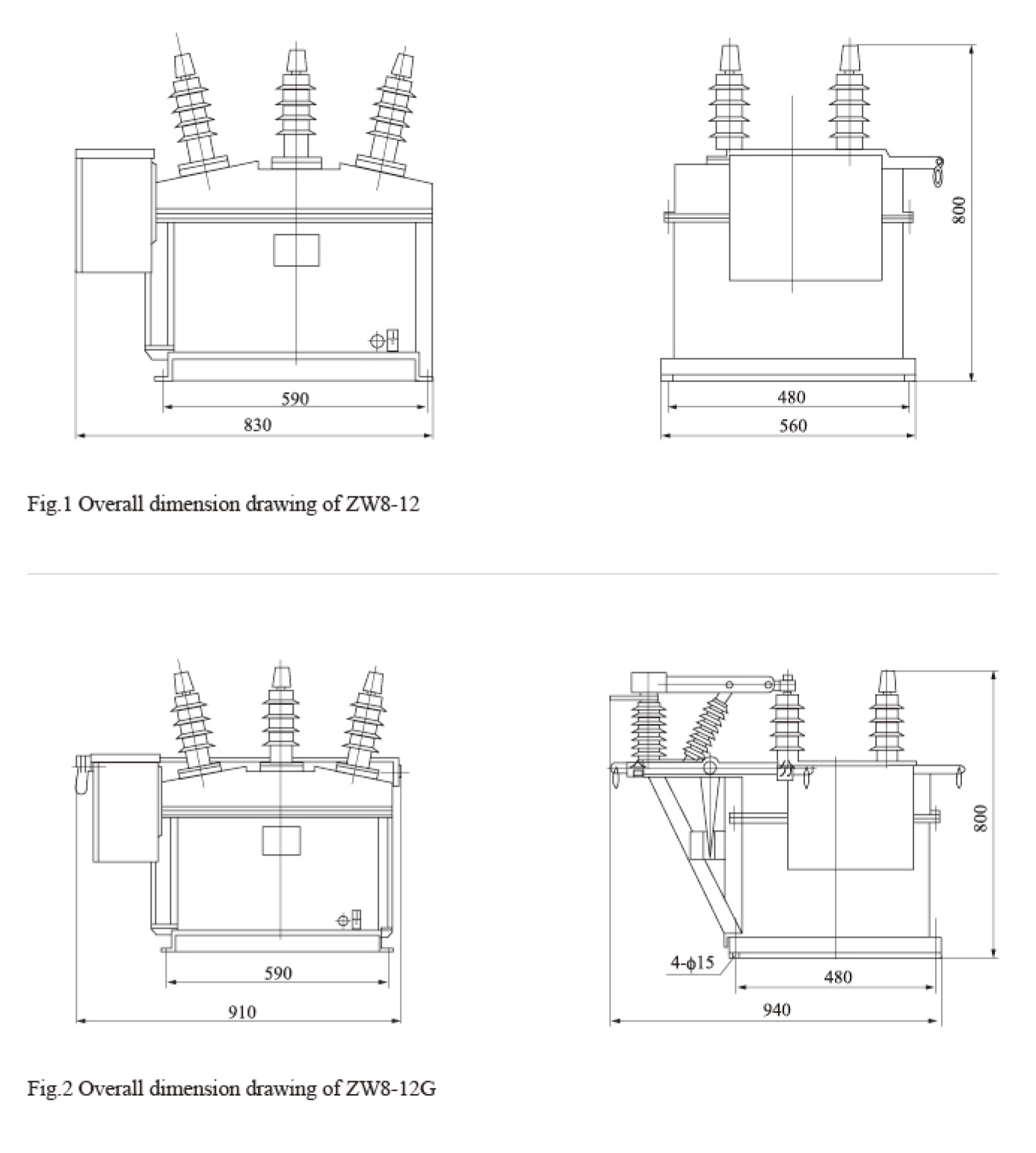 Technical dimension drawing for ZW8-12 and ZW8-12G