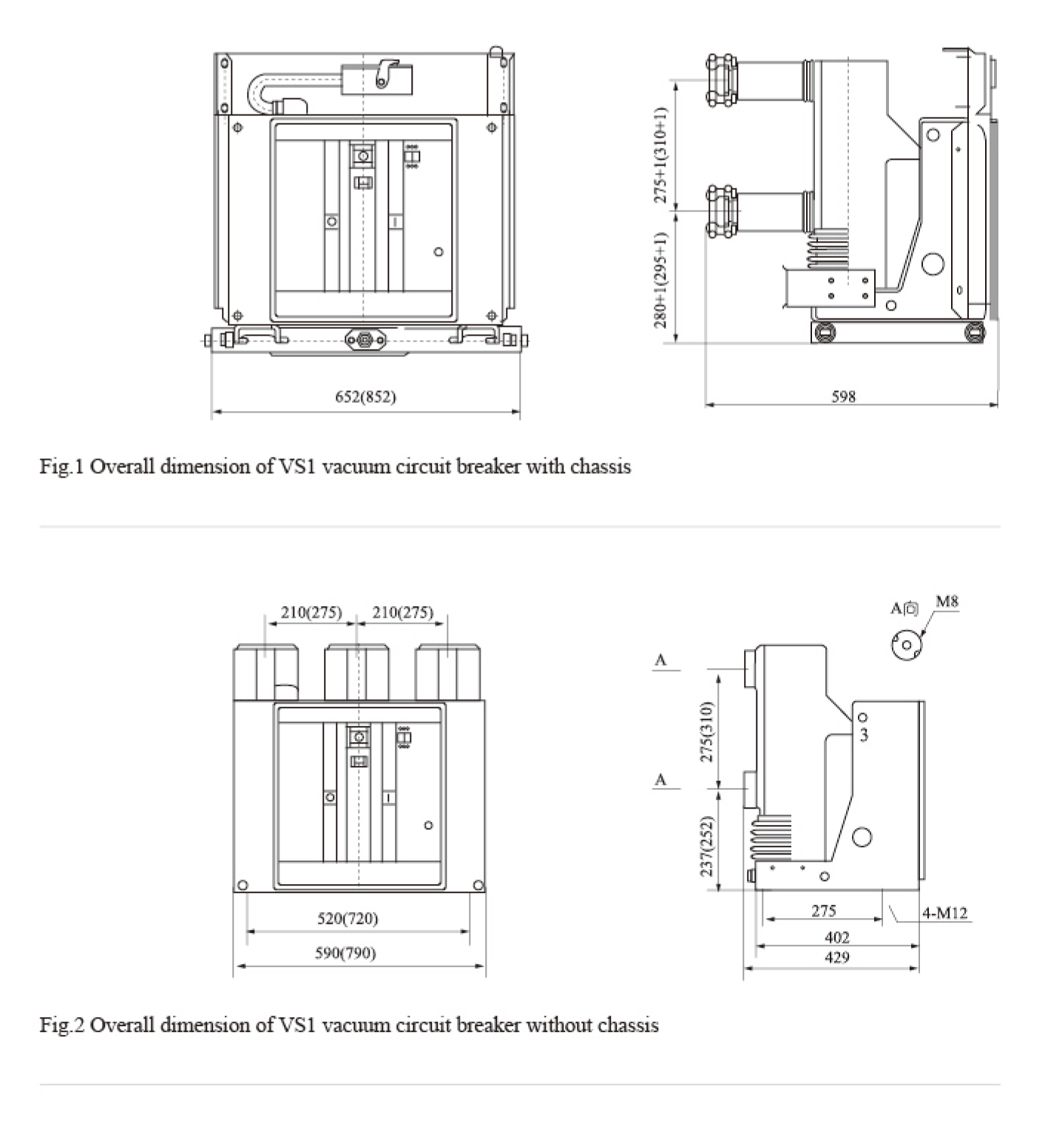 Technical diagram showing circuit breaker dimensions