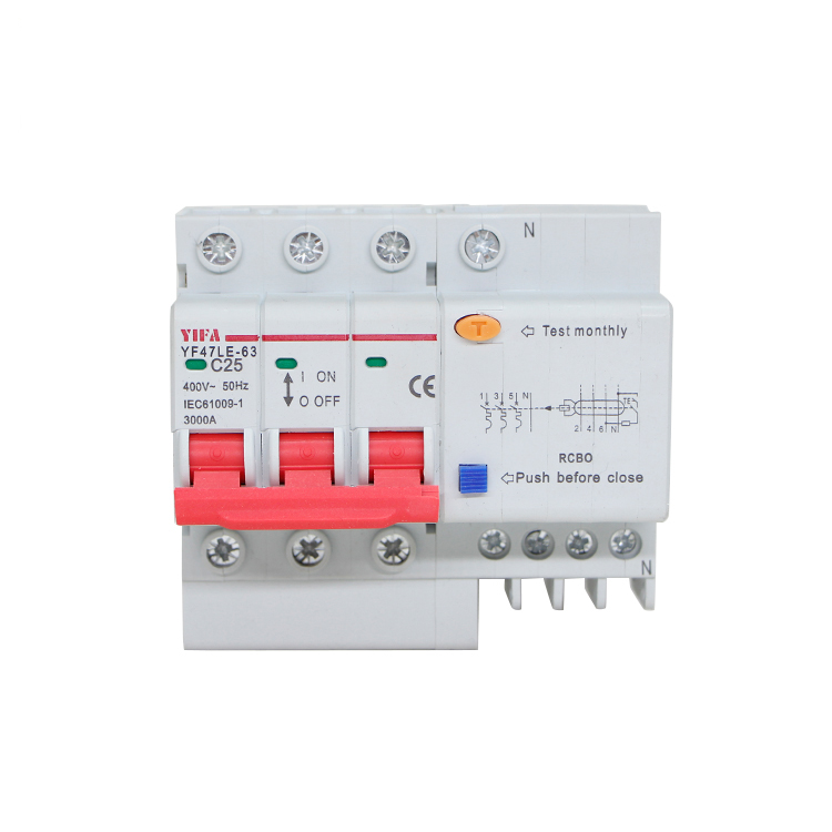 Close up of RCBO circuit breaker showing technical labels and test button