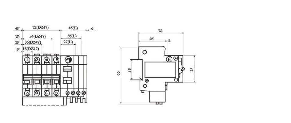 Dimensional drawing of RCBO circuit breakers