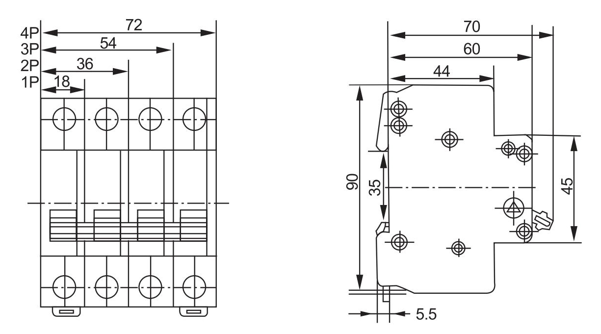 Technical dimension drawing for installation