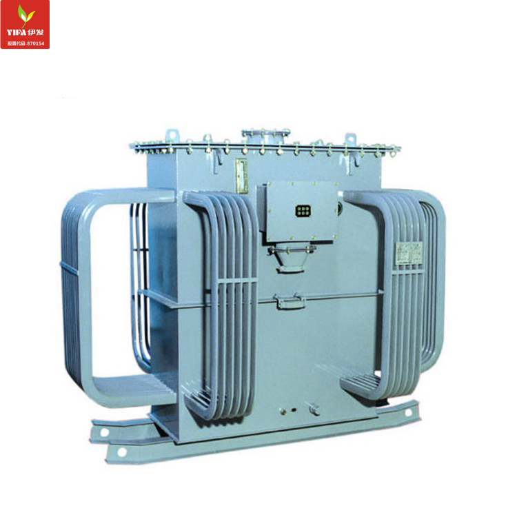 Three-phase oil-immersed transformer construction with visible cooling tubes