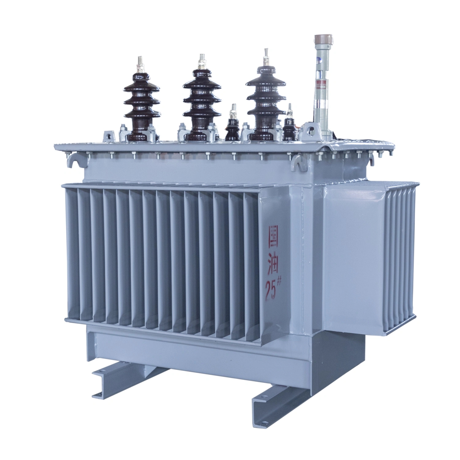 Three-phase oil-immersed transformer showing exterior construction