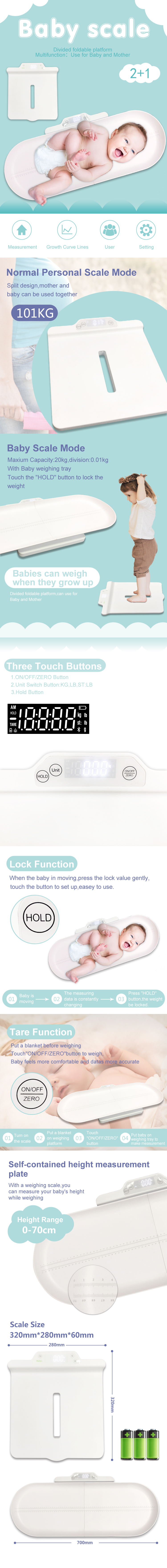 Infographic showing baby scale features including height measurement and tray removal