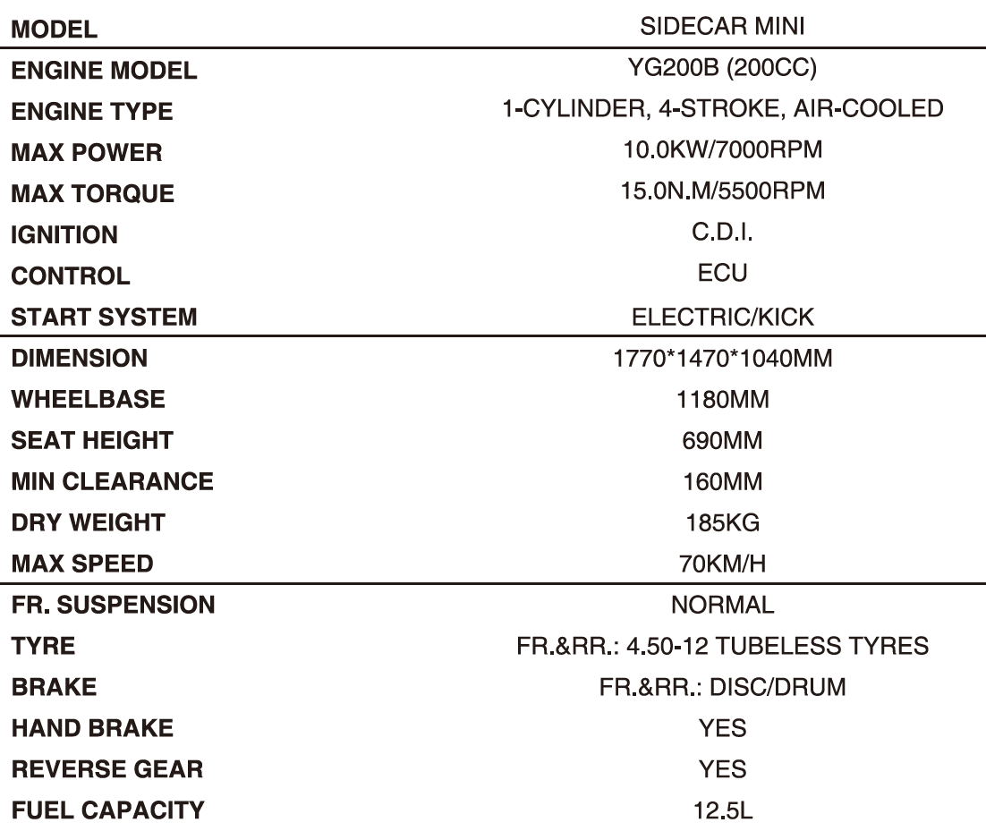 Technical specification data for the 200cc mini sidecar