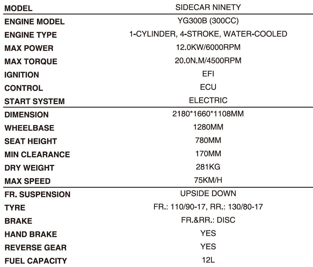 Technical specification layout of the 300cc sidecar motorcycle