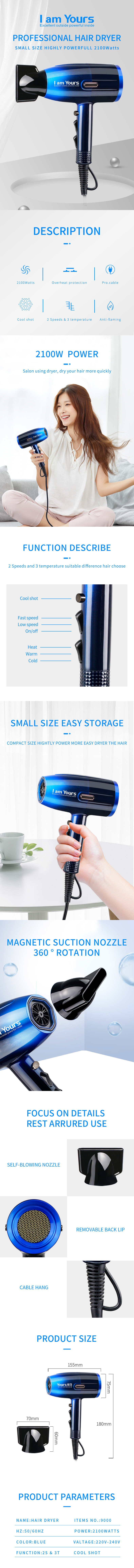 Professional hair dryer with magnetic concentrator attachment