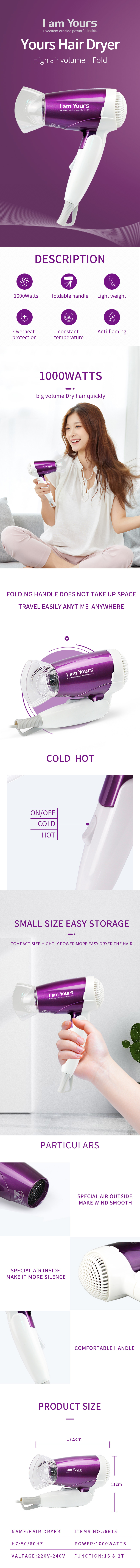 Foldable travel hair dryer with concentrator nozzle and technical specifications