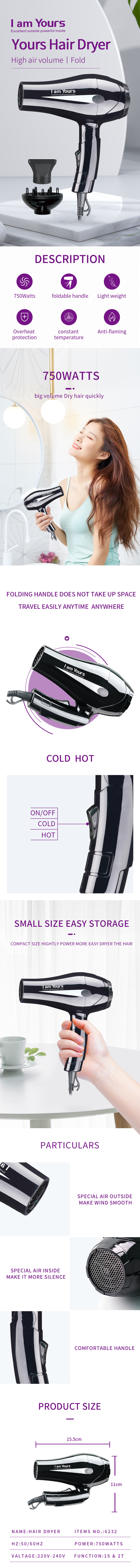 Foldable travel hair dryer showing accessories and size specs