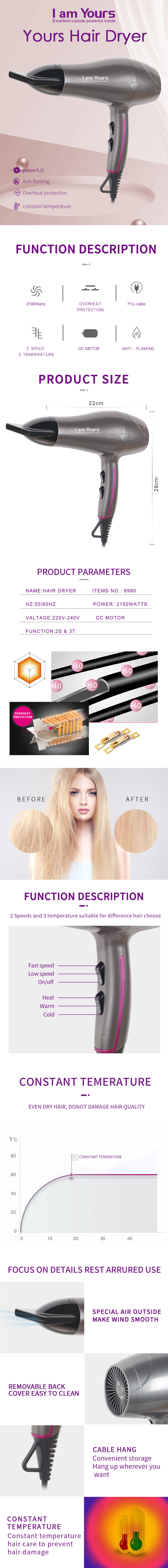 Comprehensive product overview showing hair dryer features and parameters