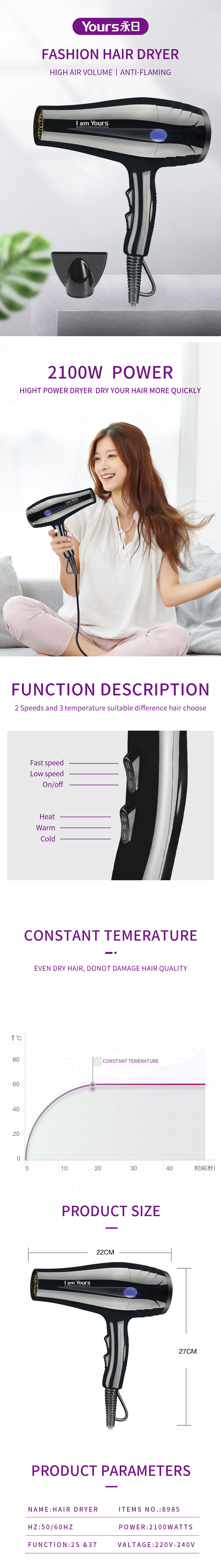 Infographic showing technical parameters, dimensions, and settings of the hair dryer