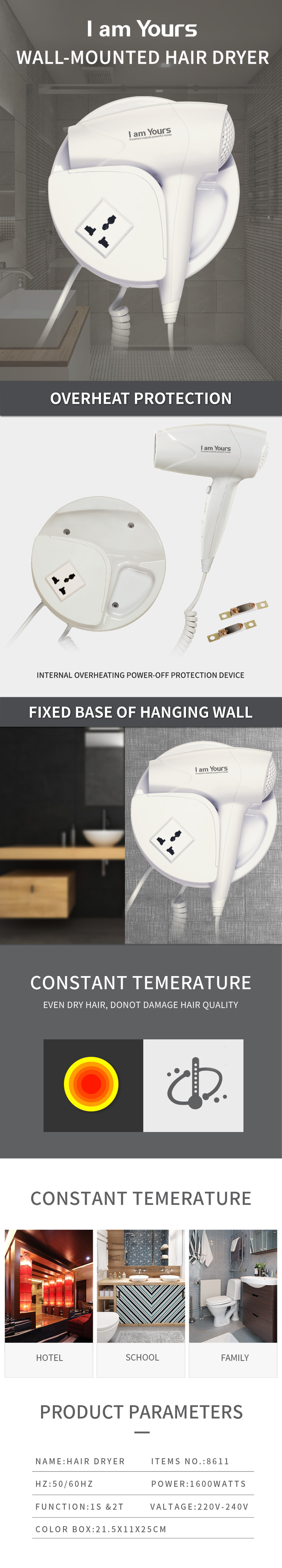 Wall-mounted hair dryer with base and integrated socket