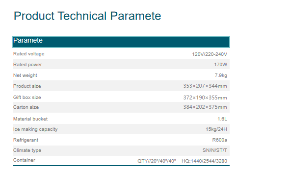 Technical parameters chart for the compact ice maker
