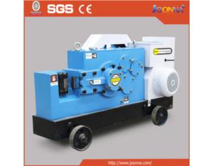 Heavy-duty industrial steel bar cutter with integrated wheels for mobility.