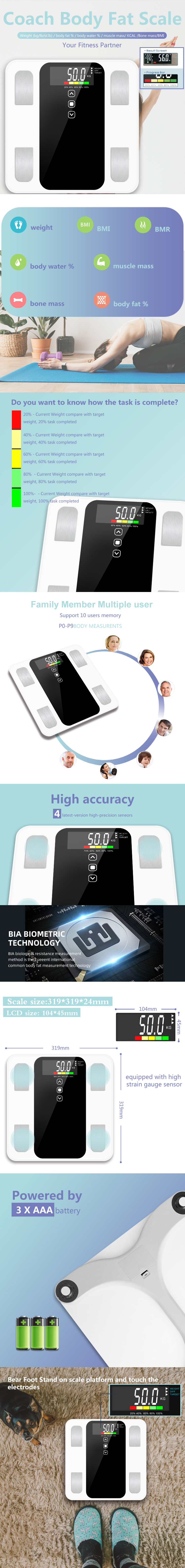 Digital body composition scale with color-coded progress display and specifications overview