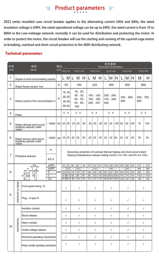 ZKZ2 series circuit breaker technical parameter table