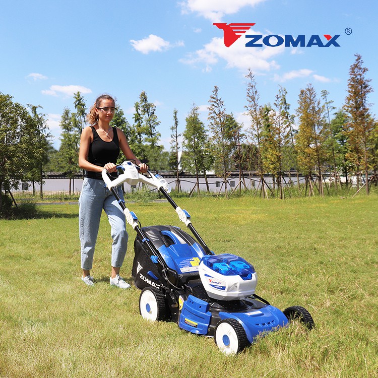 Rear view of the lawn mower showing the 60L grass collection bag