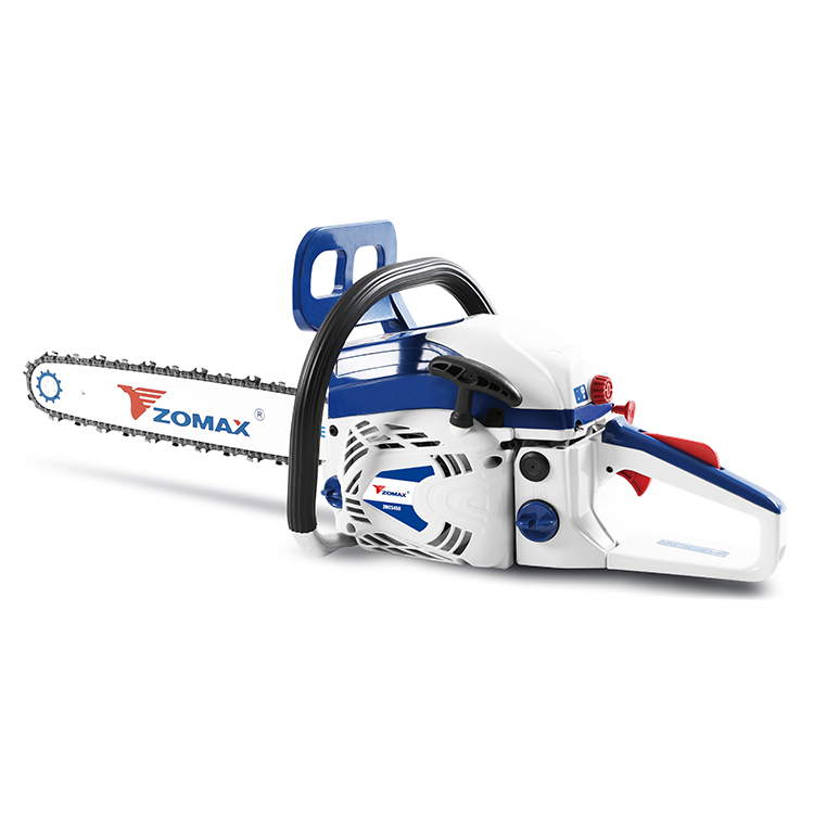 Side profile of the gasoline chainsaw showing ergonomic handle design