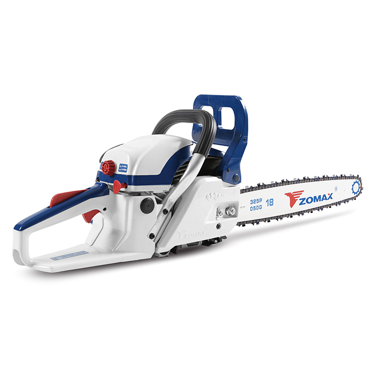 Front angle of the chainsaw showing the guide bar and chain mechanism
